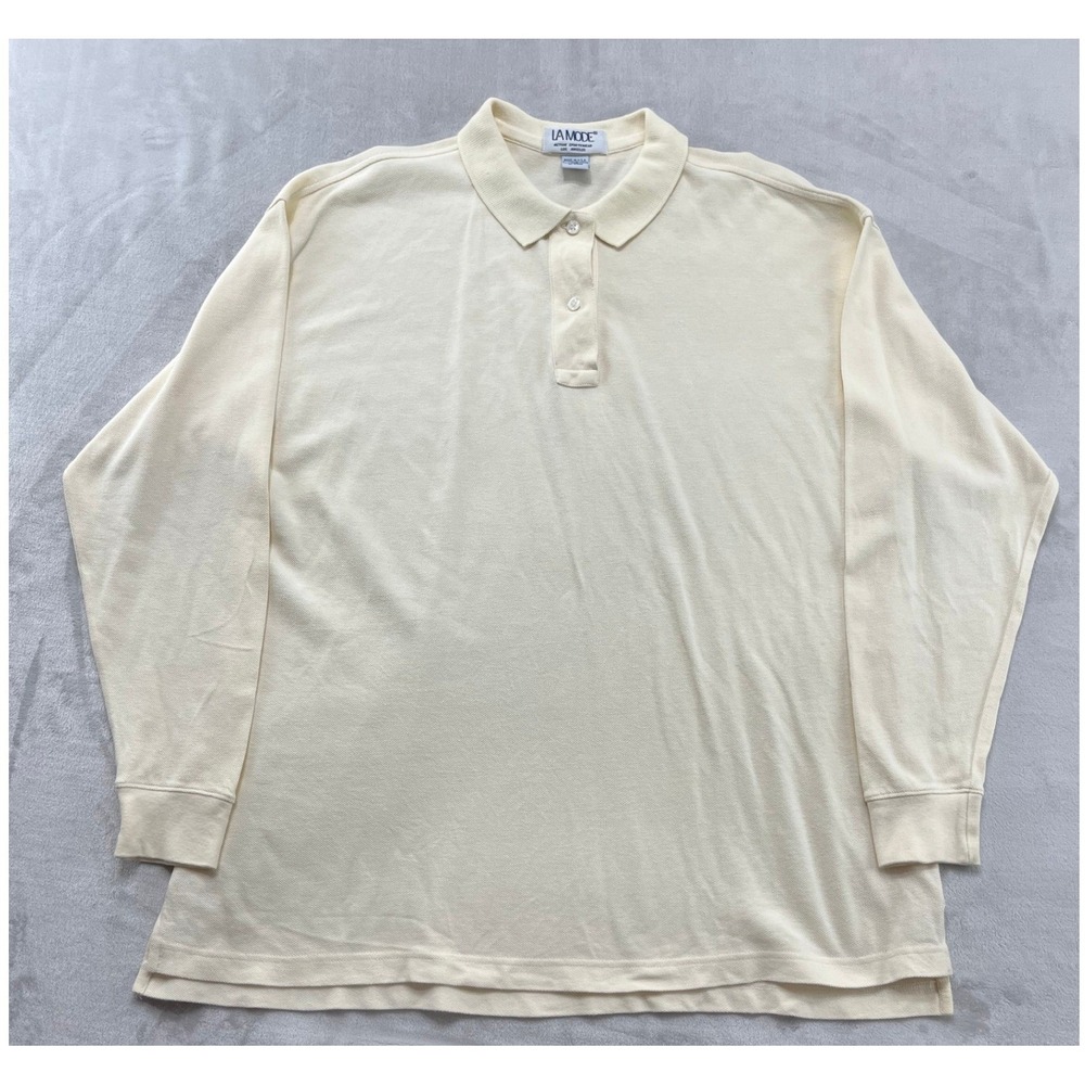 VTG La Mode Polo Shirt Men XL Cream Long Sleeve Combed Cotton made USA Active